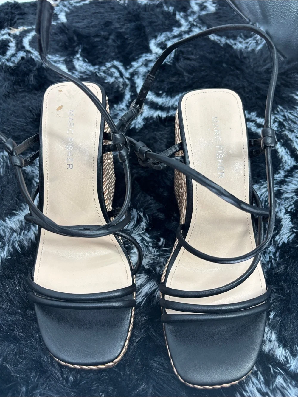 Marc Fisher Zarah wrap Ankle Strap Wedge Platform Sandals Woven Black size 7